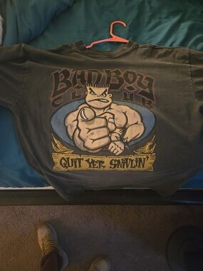 Vintage Bad Boy Club Graphic Tee - Dark Gray with Yellow & Blue Print